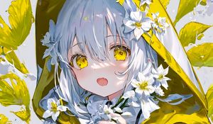 Превью обои девушка, плащ, капюшон, цветы, аниме, арт