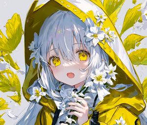 Превью обои девушка, плащ, капюшон, цветы, аниме, арт