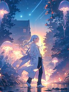 Превью обои девушка, плащ, медузы, свечение, аниме, арт