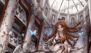 Превью обои девушка, платье, книга, замок, аниме, арт