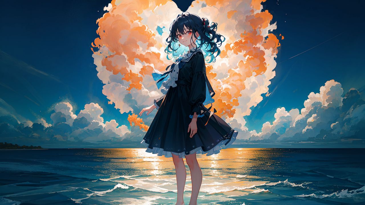 Обои девушка, платье, море, облака, сердце, аниме