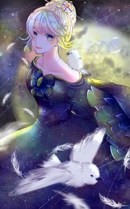 Превью обои девушка, платье, птицы, аниме, арт