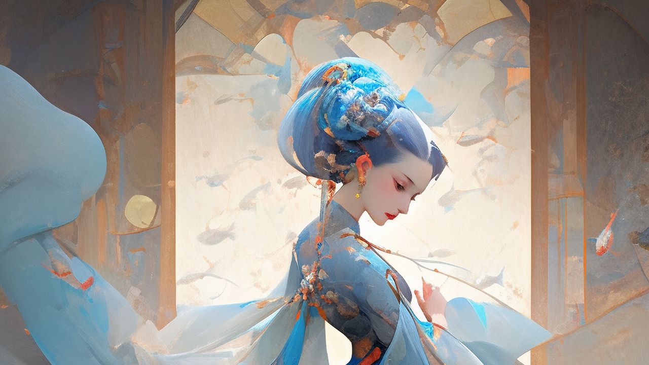 Обои девушка, платье, рыбы, лестница, аниме, арт