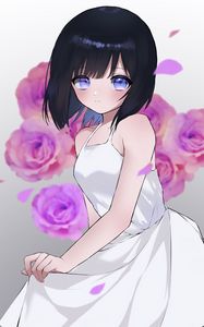 Превью обои девушка, платье, цветы, лепестки, взгляд, аниме, арт