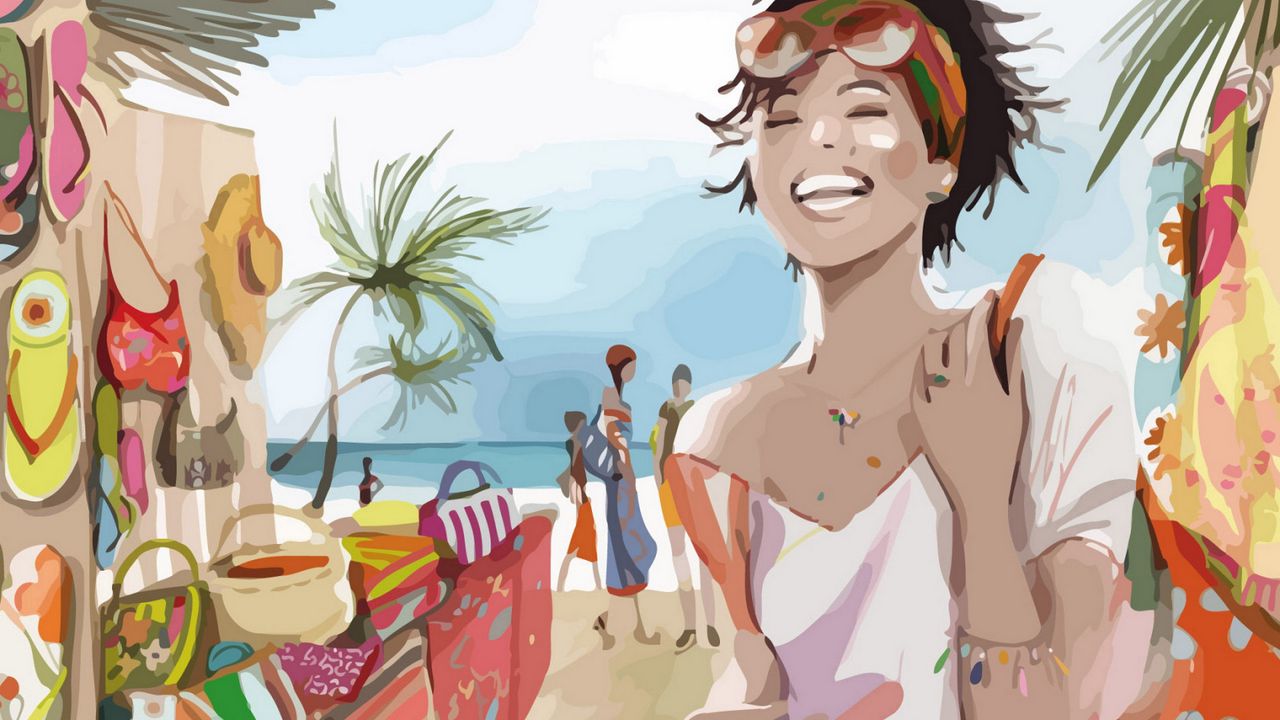 Обои девушка, пляж, отдых, пальмы, улыбка, краска, рисунок