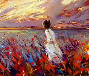 Превью обои девушка, поле, цветы, арт, яркий, трава