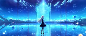 Превью обои девушка, портал, отражение, свечение, синий, аниме