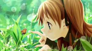 Превью обои девушка, природа, бабочка, растение