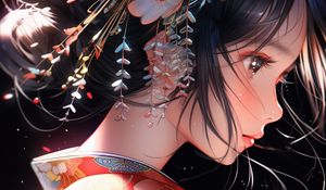 Превью обои девушка, профиль, кимоно, азия, арт, аниме