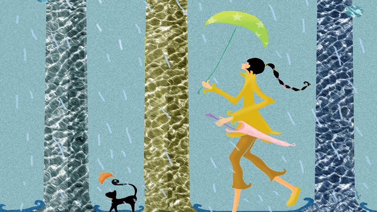 Обои девушка, прогулка, домашнее животное, дождь, зонт