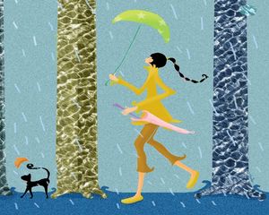 Превью обои девушка, прогулка, домашнее животное, дождь, зонт