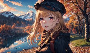 Превью обои девушка, пруд, осень, аниме