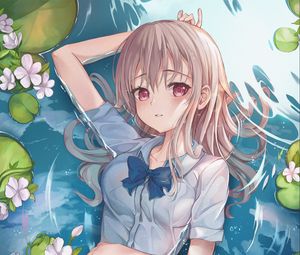 Превью обои девушка, пруд, вода, мокрый, аниме