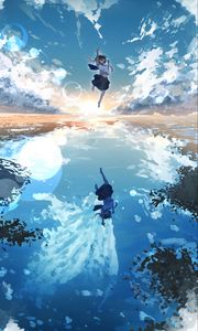 Превью обои девушка, прыжок, вода, отражение, облака, аниме, арт