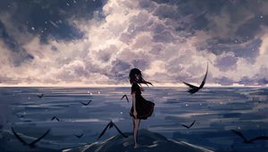 Превью обои девушка, птицы, море, аниме, арт