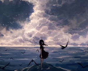 Превью обои девушка, птицы, море, аниме, арт