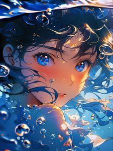 Превью обои девушка, пузыри, синий, аниме