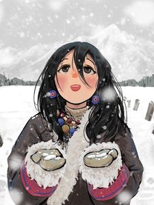 Превью обои девушка, радость, снег, зима, аниме, арт