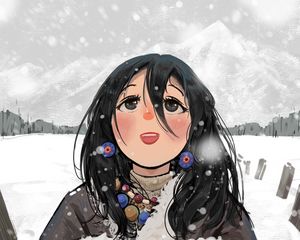 Превью обои девушка, радость, снег, зима, аниме, арт
