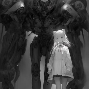 Превью обои девушка, робот, гигант, черно-белый, аниме, арт