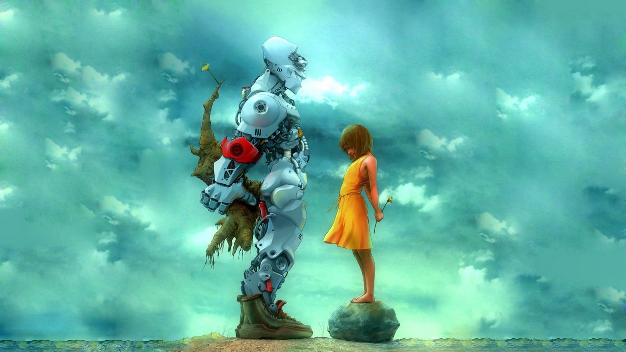 Обои девушка, робот, цветы, подарок