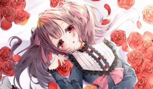 Превью обои девушка, розы, цветы, грусть, аниме