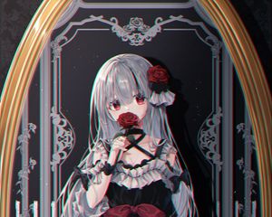Превью обои девушка, розы, цветы, зеркало, отражение, аниме