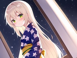 Превью обои девушка, румянец, кимоно, окно, снежинки, аниме