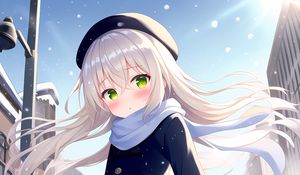 Превью обои девушка, румянец, снег, зима, аниме