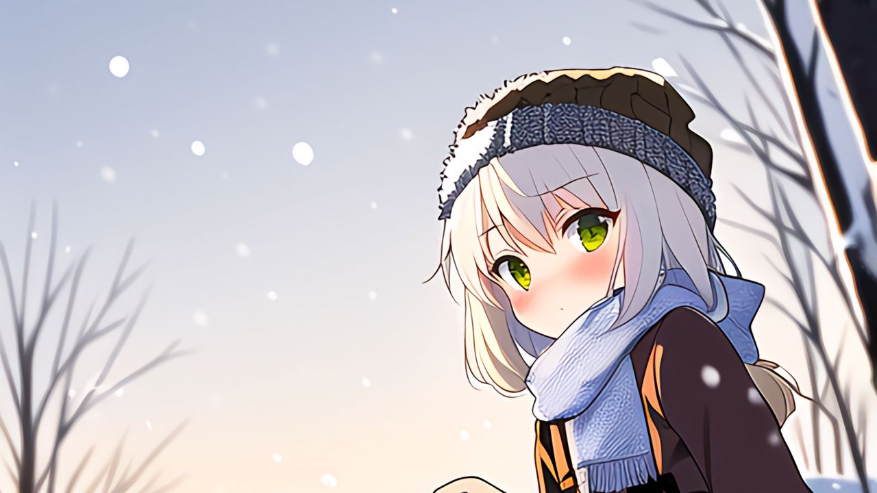 Обои девушка, шапка, шарф, снег, зима, аниме