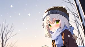 Превью обои девушка, шапка, шарф, снег, зима, аниме