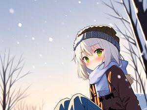 Превью обои девушка, шапка, шарф, снег, зима, аниме