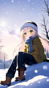 Превью обои девушка, шапка, шарф, снег, аниме