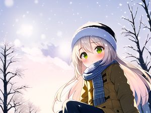Превью обои девушка, шапка, шарф, снег, аниме