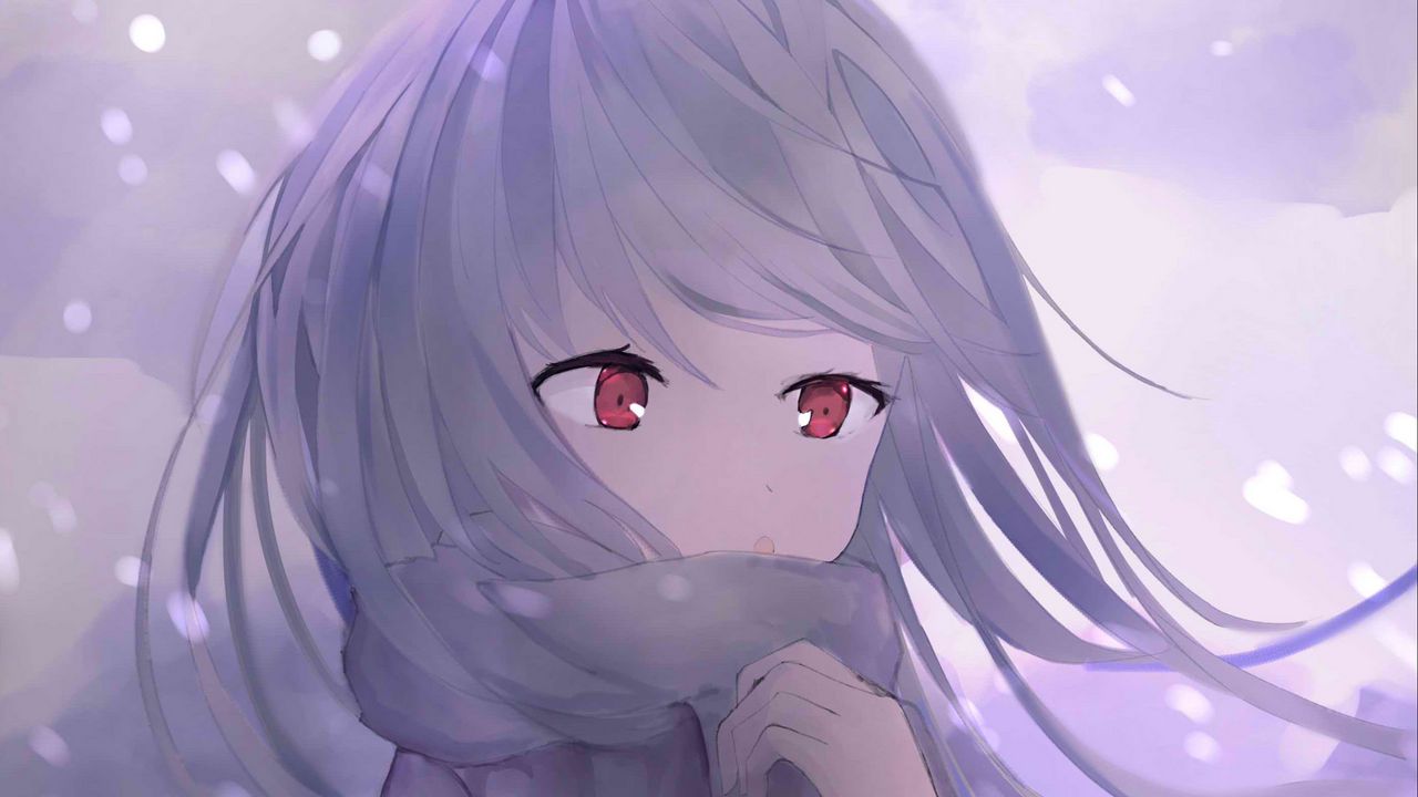 Обои девушка, шарф, снег, аниме, арт