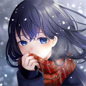 Превью обои девушка, шарф, снег, аниме