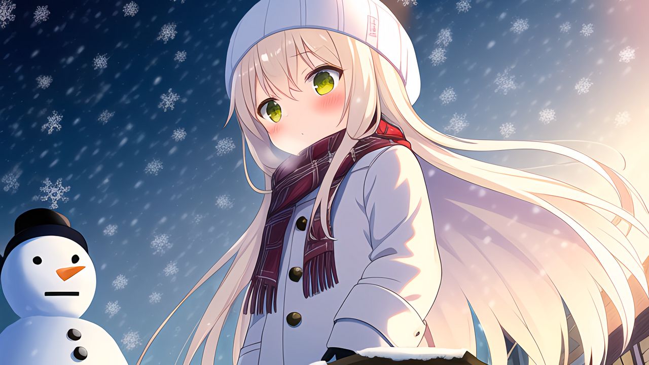 Обои девушка, шарф, снег, снеговик, зима, аниме