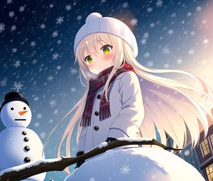 Превью обои девушка, шарф, снег, снеговик, зима, аниме
