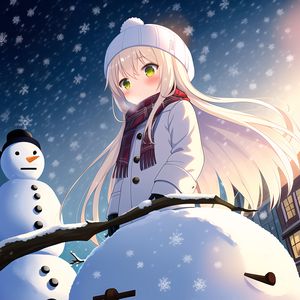 Превью обои девушка, шарф, снег, снеговик, зима, аниме