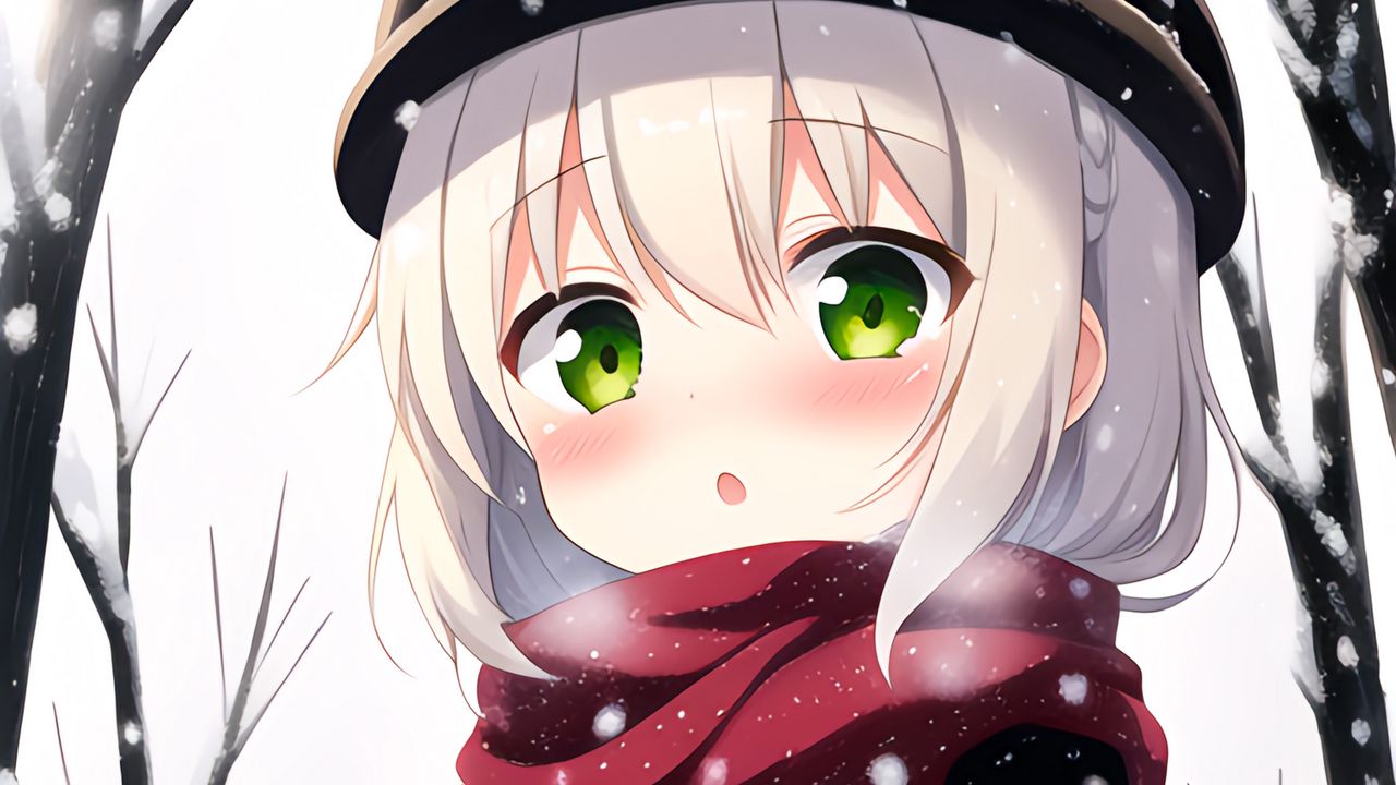 Обои девушка, шарф, снеговик, зима, аниме