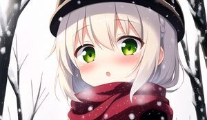 Превью обои девушка, шарф, снеговик, зима, аниме
