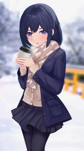 Превью обои девушка, шарф, стаканчик, кофе, зима, аниме