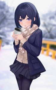 Превью обои девушка, шарф, стаканчик, кофе, зима, аниме