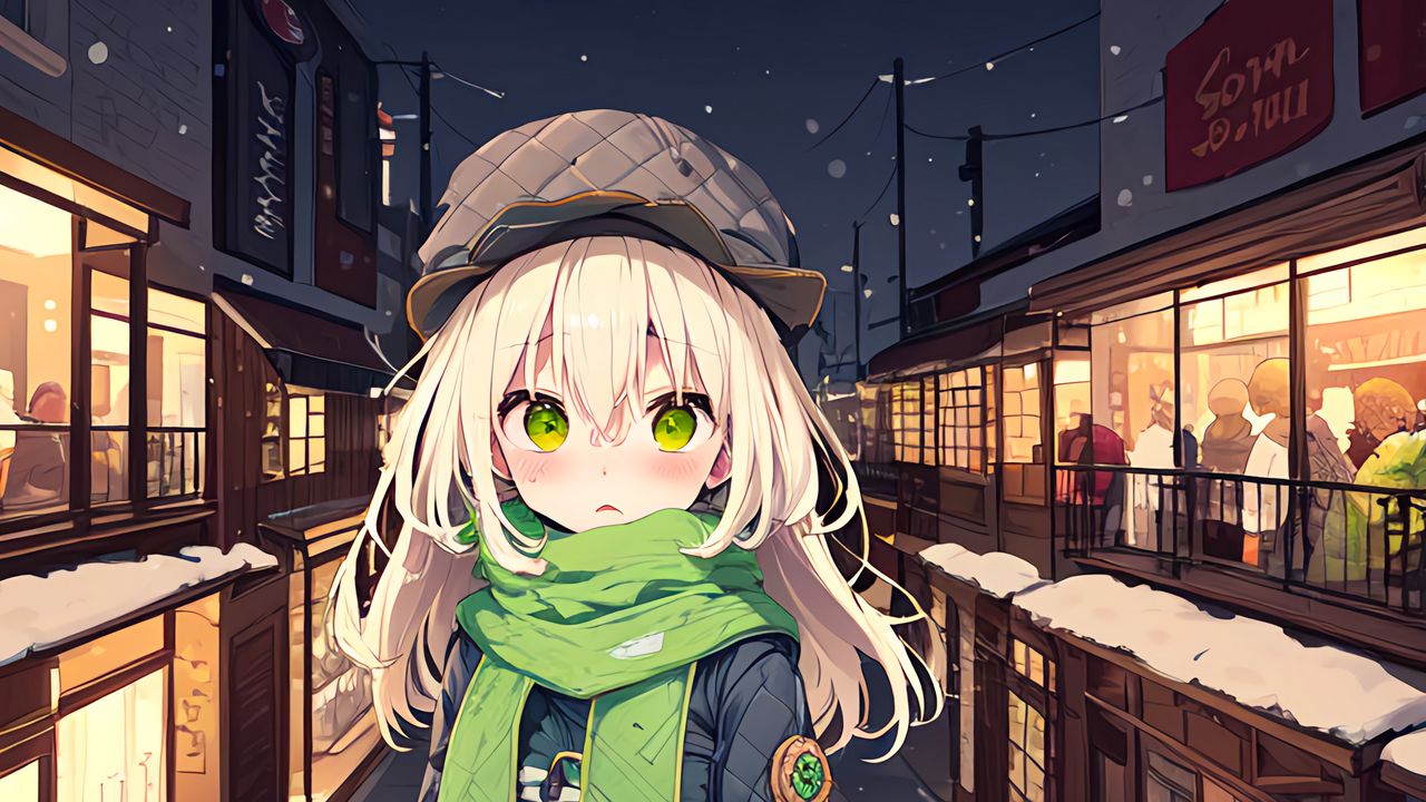 Обои девушка, шарф, улица, снег, зима, аниме