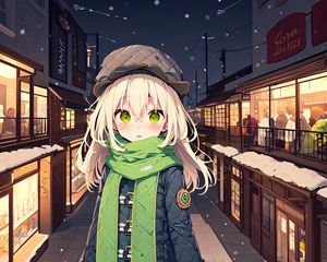 Превью обои девушка, шарф, улица, снег, зима, аниме