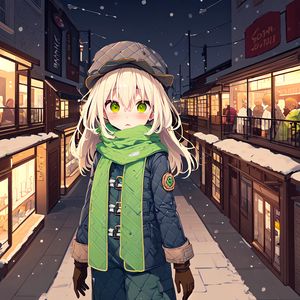 Превью обои девушка, шарф, улица, снег, зима, аниме