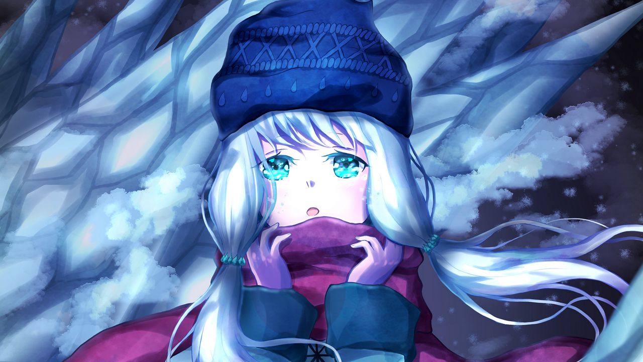 Обои девушка, шарф, зима, лед, аниме, арт
