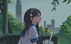 Превью обои девушка, школьница, дождь, зонтик, аниме