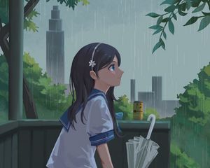 Превью обои девушка, школьница, дождь, зонтик, аниме