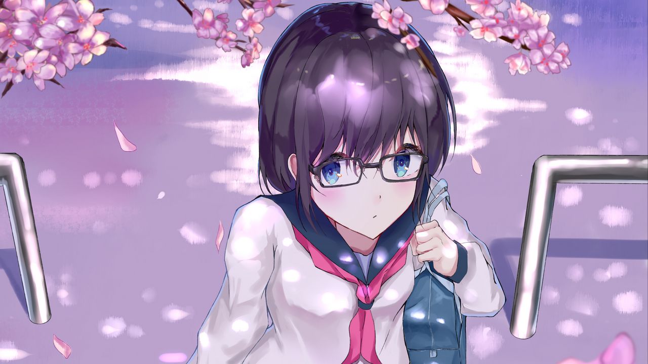 Обои девушка, школьница, очки, форма, сакура, цветы, аниме